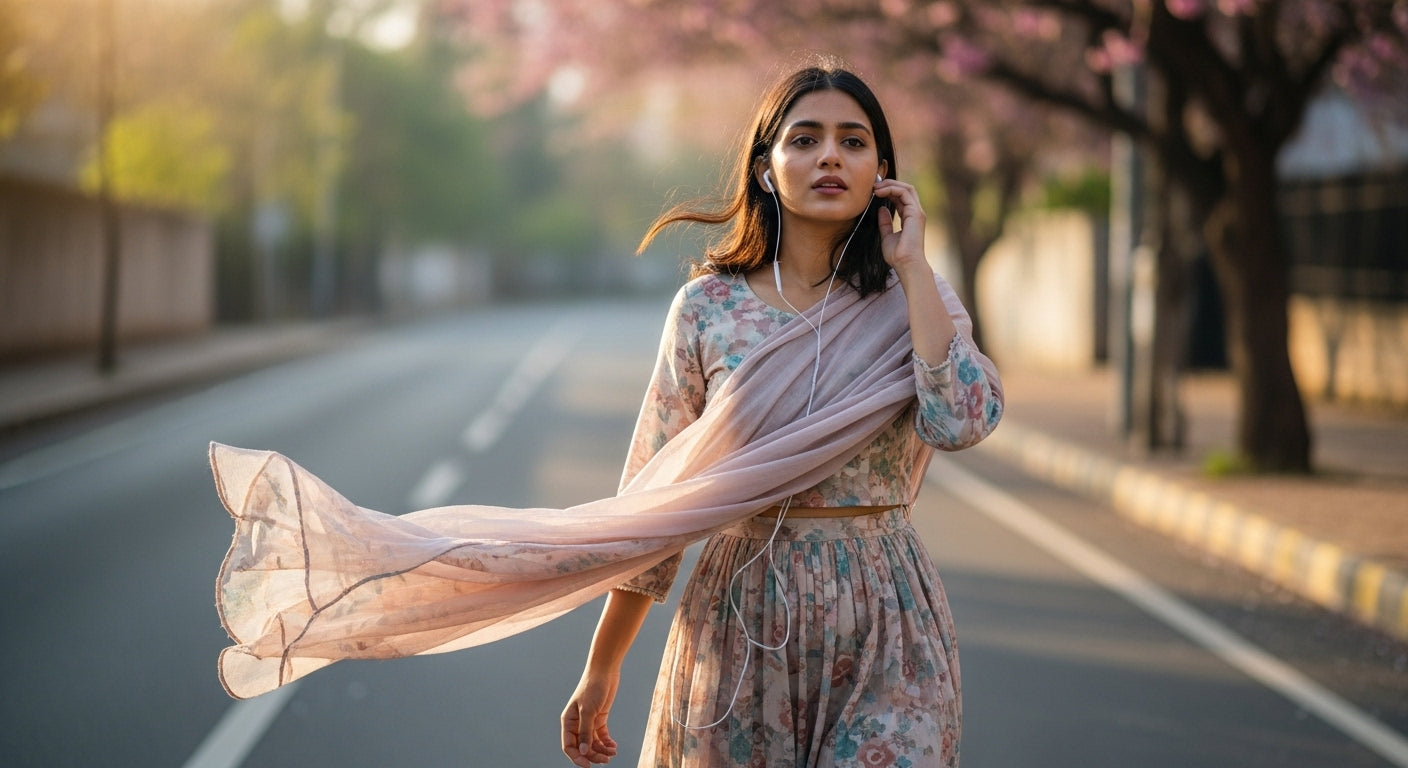 Indian woman walking alone in pastel co-ord set on a quiet sunlit street, giving soft main character energy.