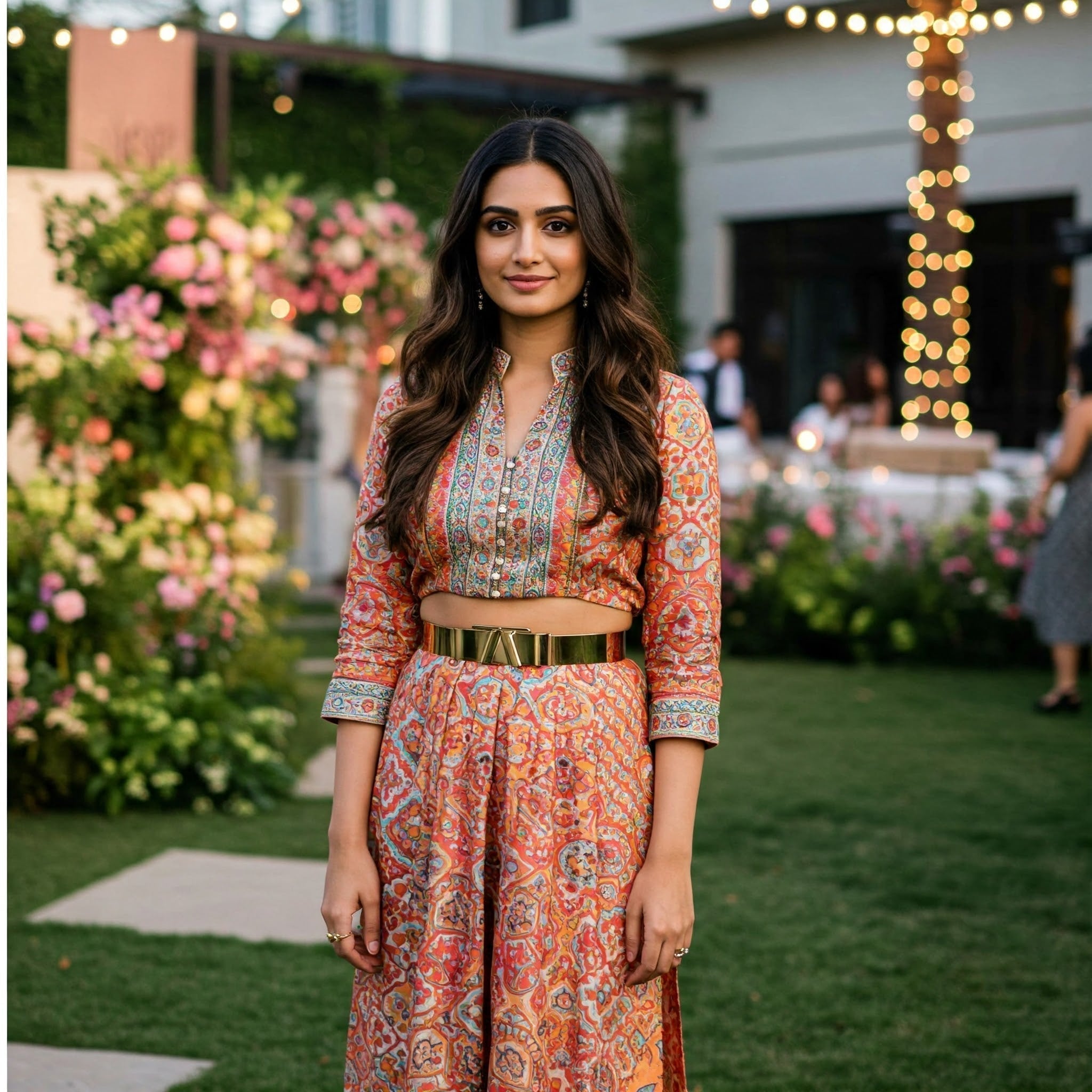 Fashion-forward Indian woman wearing a vibrant silk kurta with modern cuts, a sleek gold belt, and minimalist jewelry, attending a stylish outdoor garden party in a cosmopolitan setting.