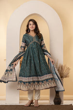 Teal Green Mirror Work Anarkali Suit Set | Festive Crushed Chinnon Kurta