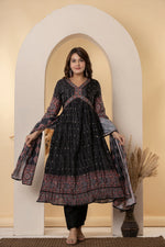 Black Sequin & Embroidered Anarkali Suit Set | Festive Crushed Chinnon Kurta