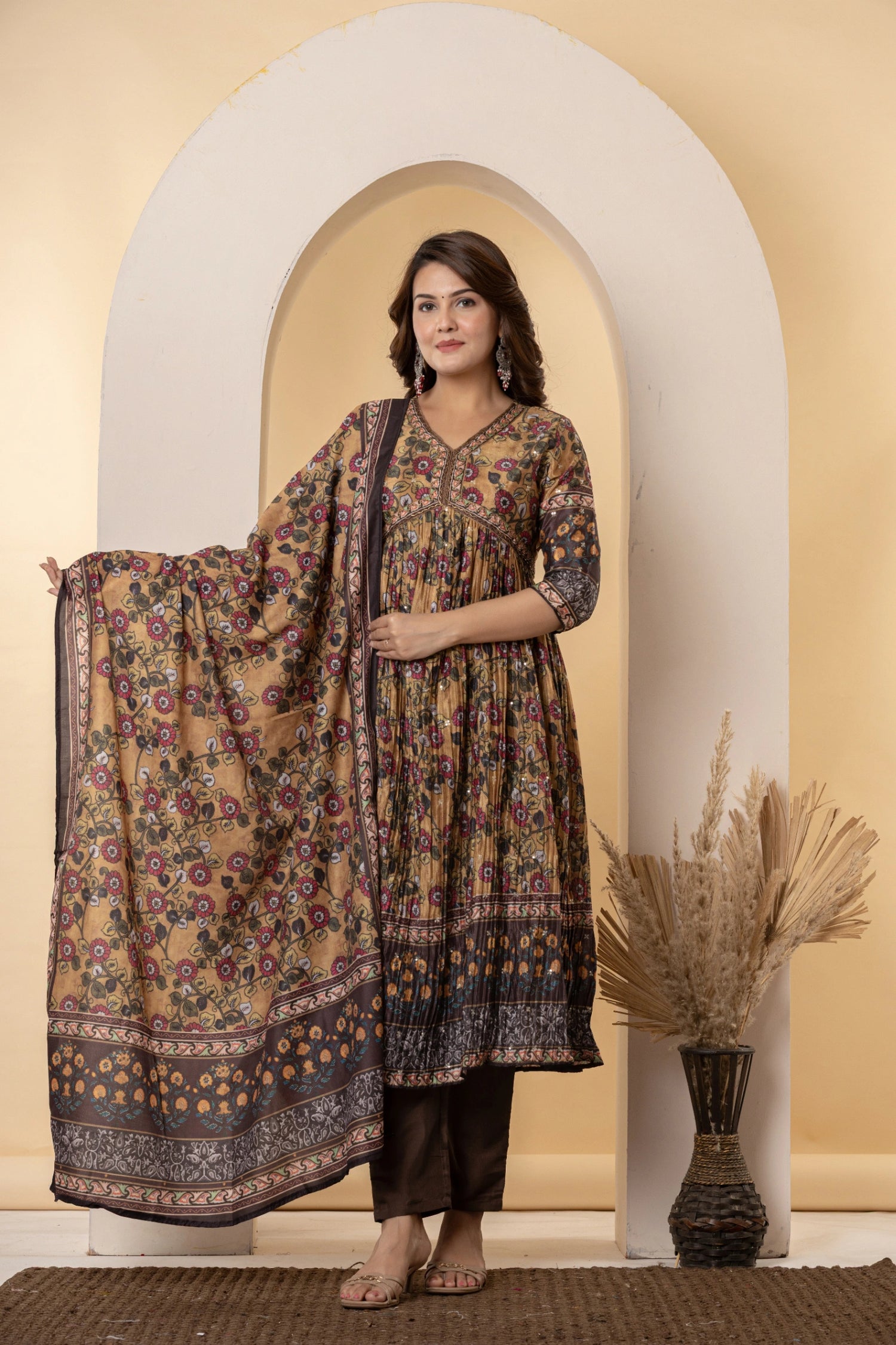 Festive Mustard Anarkali with Sequin & Embroidery