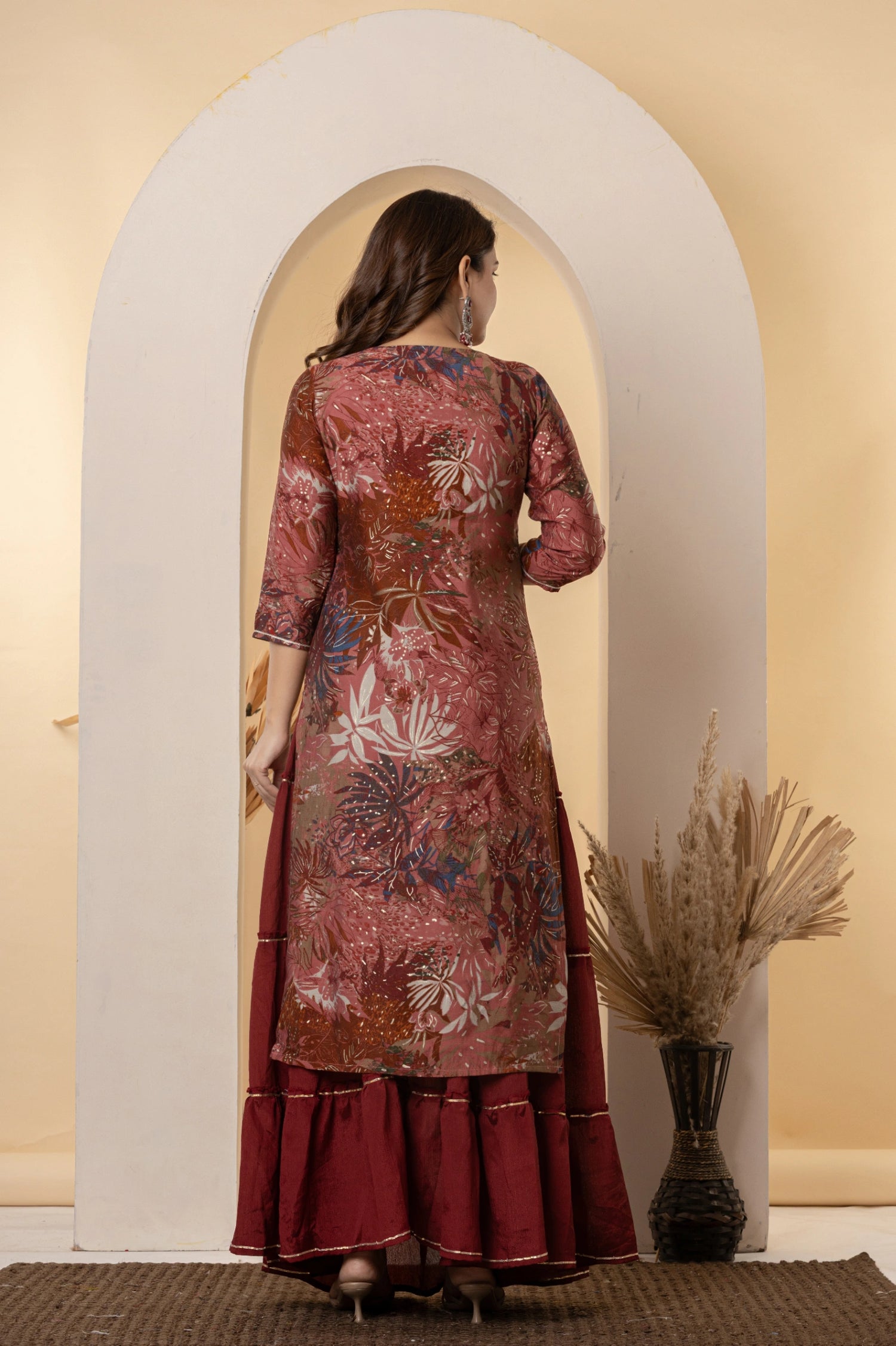 Festive Maroon Skirt Suit with Embroidered Yoke