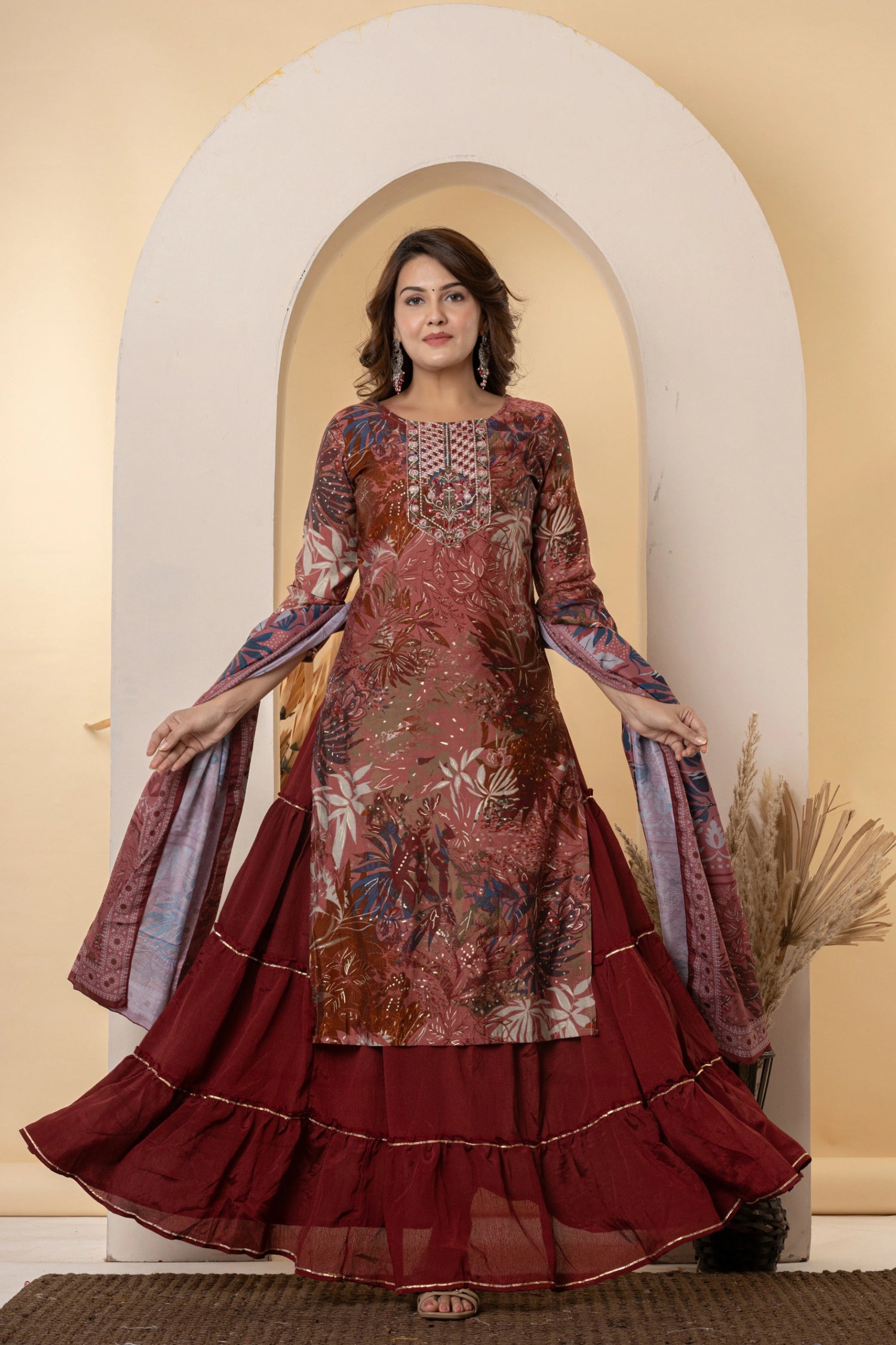 Festive Maroon Skirt Suit with Embroidered Yoke
