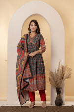 Teal & Red Mirror Work Anarkali Suit Set | Festive Patola Print Kurta