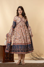 Kalamkari Print Anarkali Suit Set | Embroidered Chinnon Kurta with Silk Pants