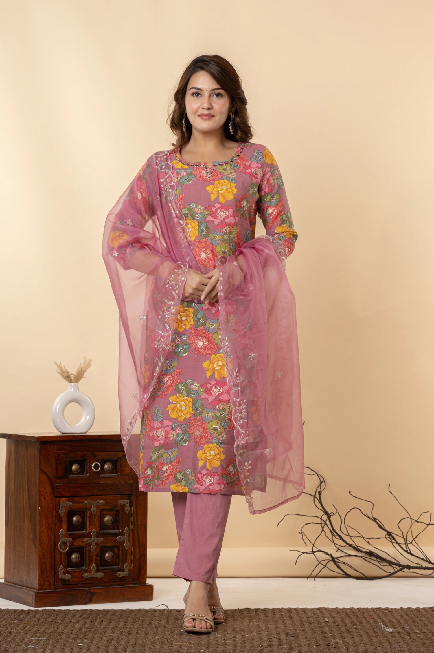 Vibrant Floral Muslin Suit with Embroidered Organza Dupatta