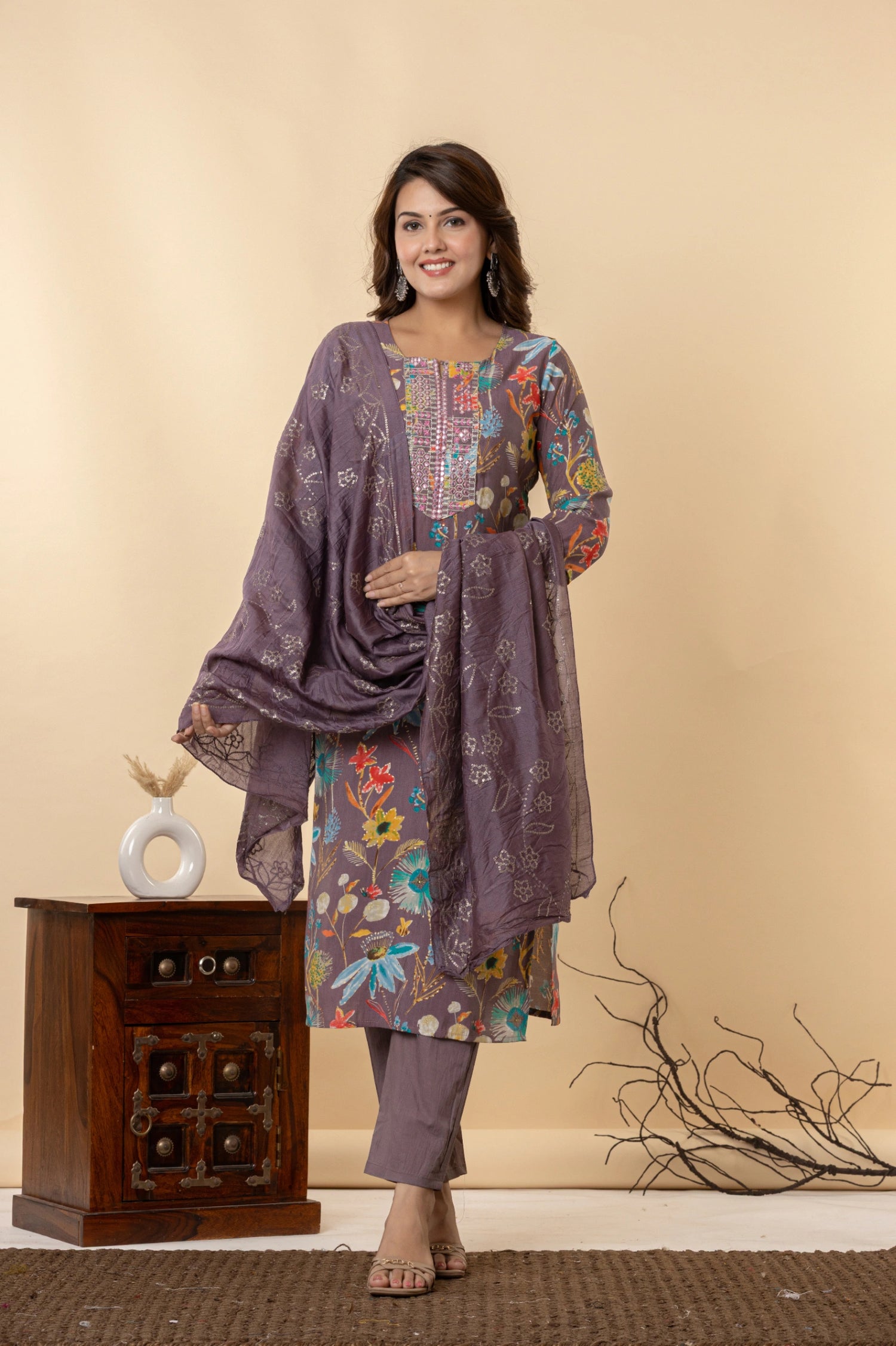 Festive Chanderi Silk Suit in Smoky Lilac
