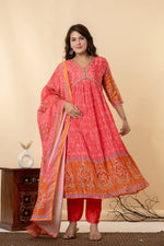 Coral Pink & Orange Mirror Work Anarkali | Festive Bandhani Print Suit Set