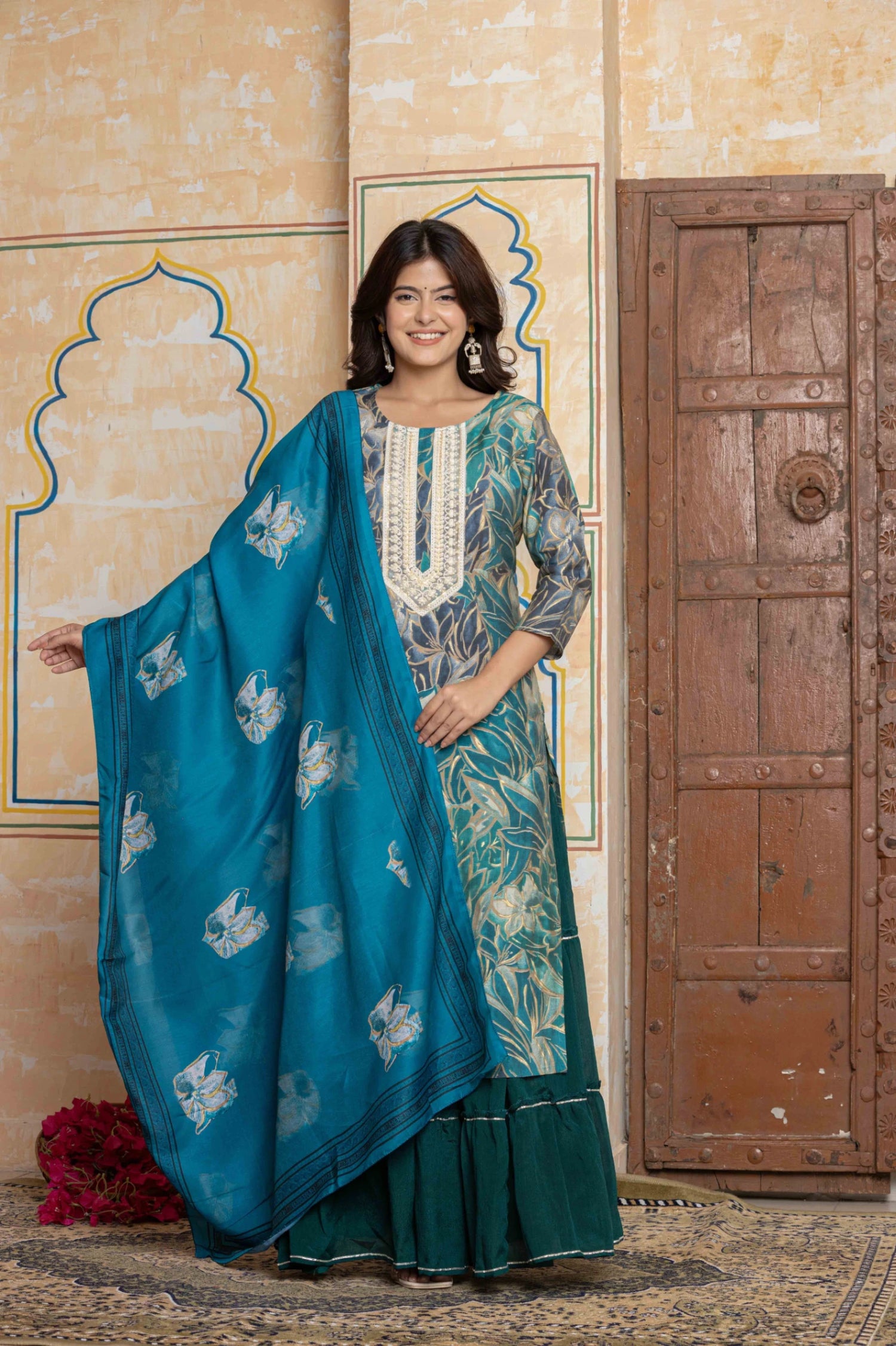 The Navra Floral Printed Gotta Patti Chanderi Silk Kurta With Skirt & Dupatta