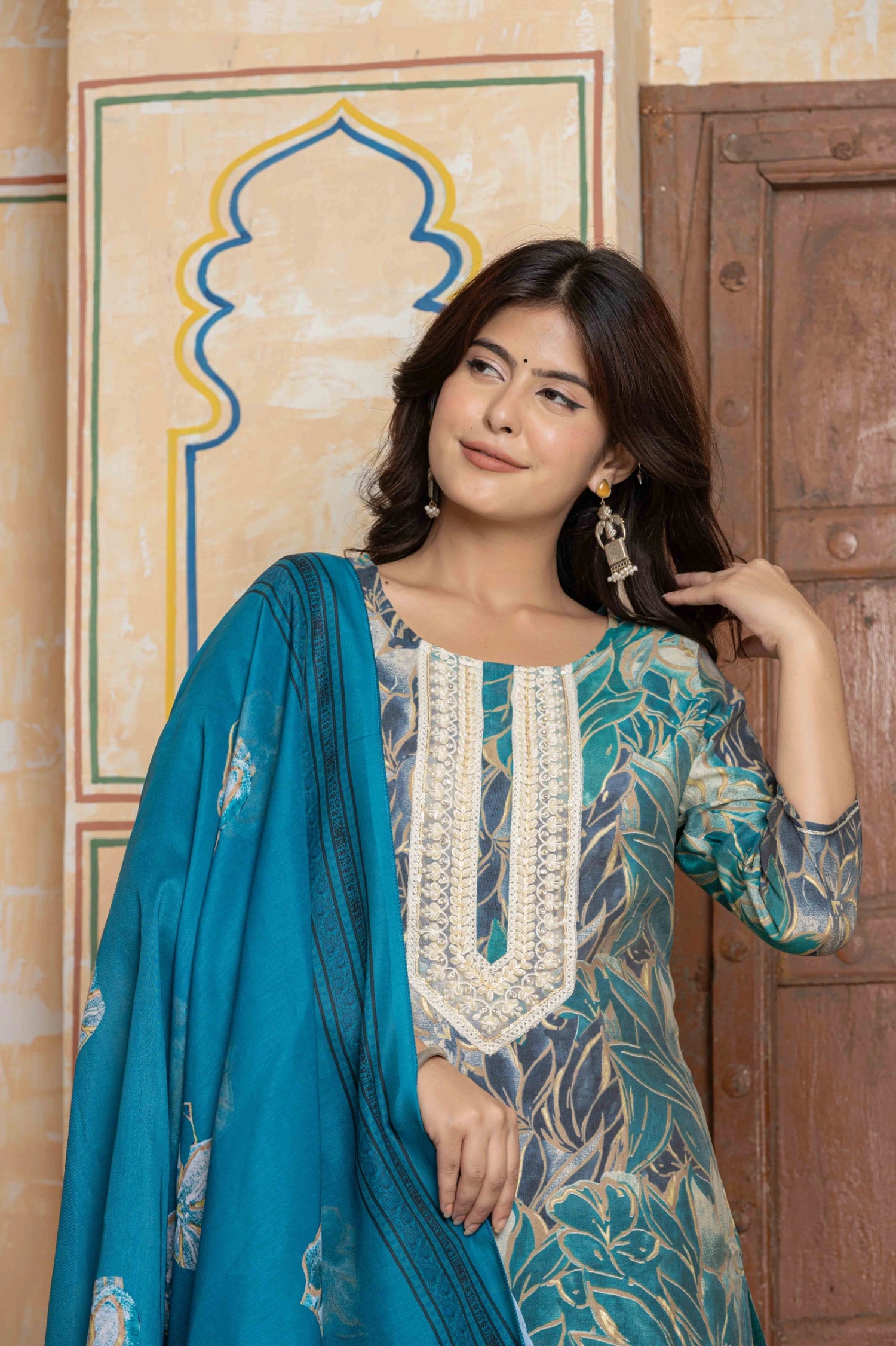 The Navra Floral Printed Gotta Patti Chanderi Silk Kurta With Skirt & Dupatta