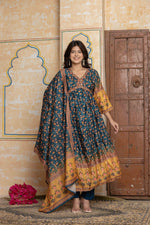 Teal & Mustard Embroidered Anarkali Suit Set | Festive Crushed Chinnon Kurta