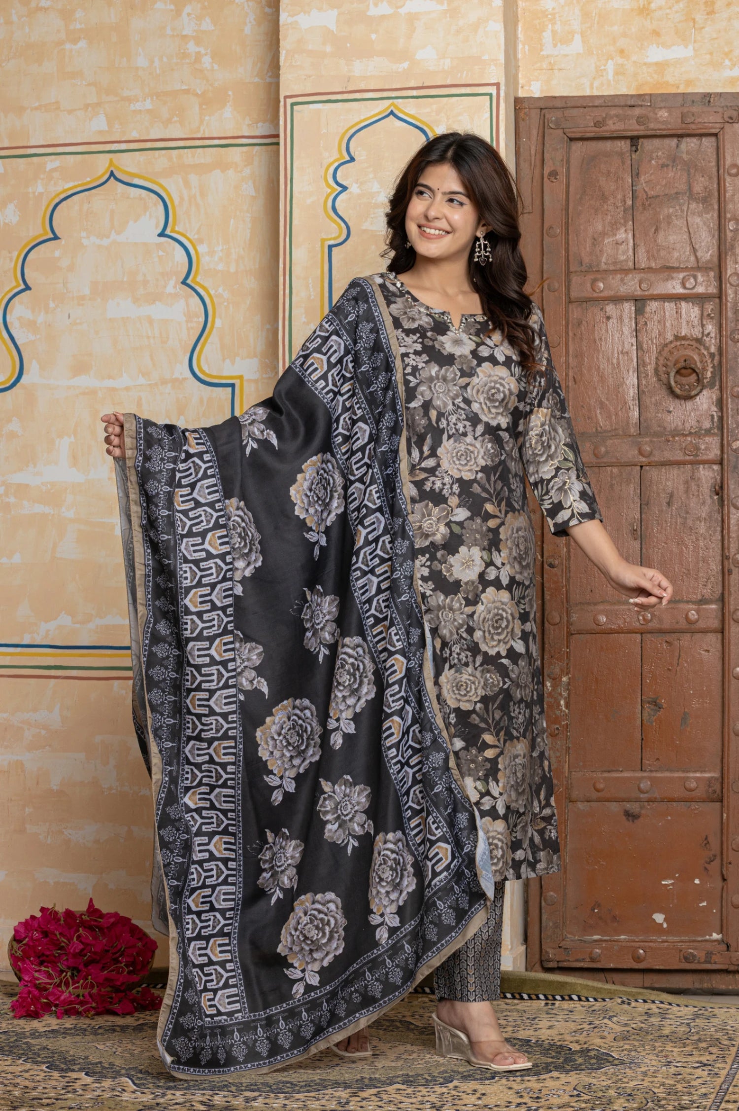 Elegant Black Chanderi Suit with Digital Print Dupatta