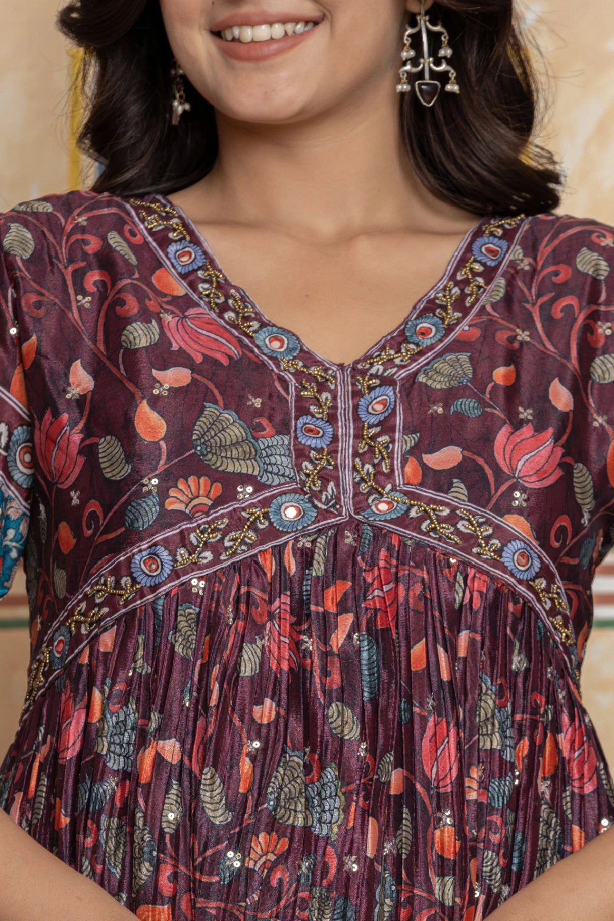 Wine Embroidered Anarkali Suit | Pichwai Peacock Print Festive Wear