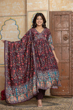 Wine Embroidered Anarkali Suit | Pichwai Peacock Print Festive Wear