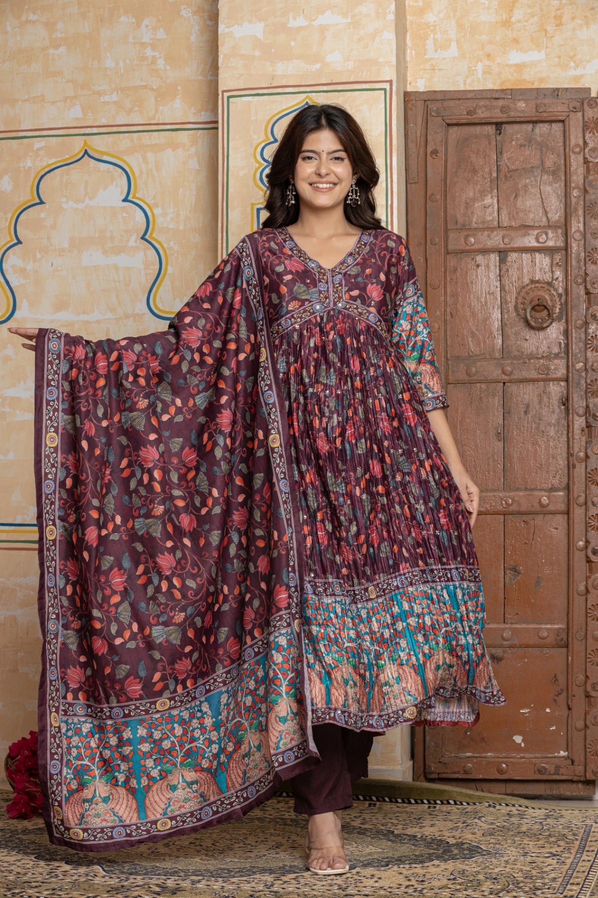 Wine Embroidered Anarkali Suit | Pichwai Peacock Print Festive Wear