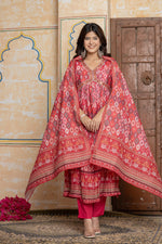 Rani Pink Mirror Work Anarkali Suit Set | Festive Crushed Chinnon Kurta