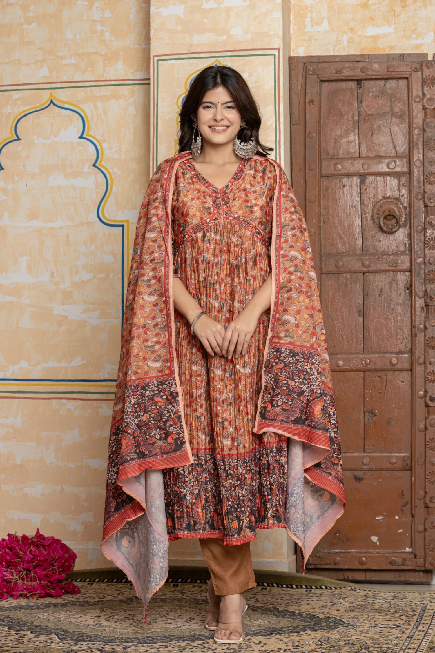 Embroidered Anarkali with Peacock Print Dupatta