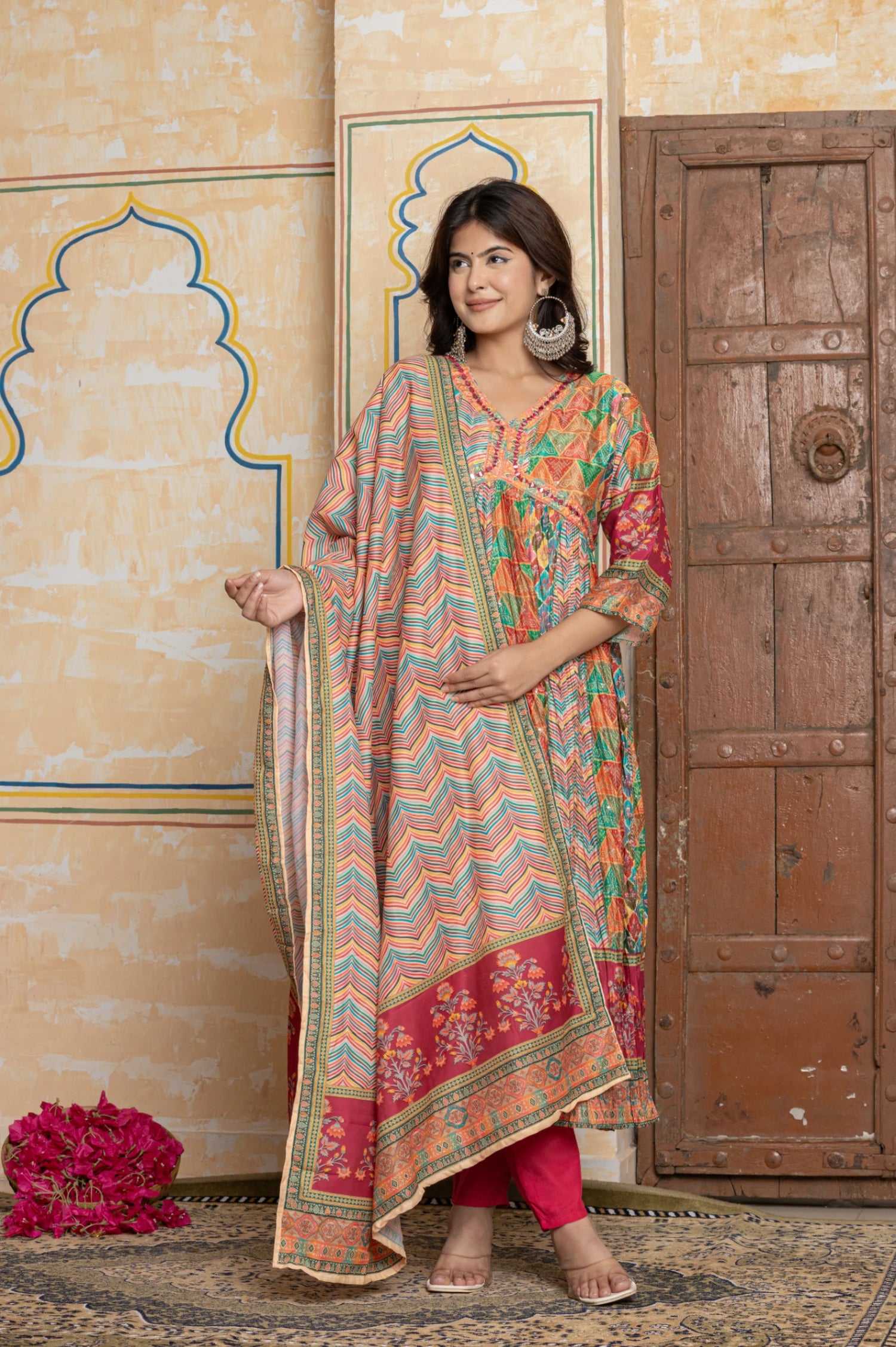 Embroidered Anarkali Suit with Leheriya Print Dupatta