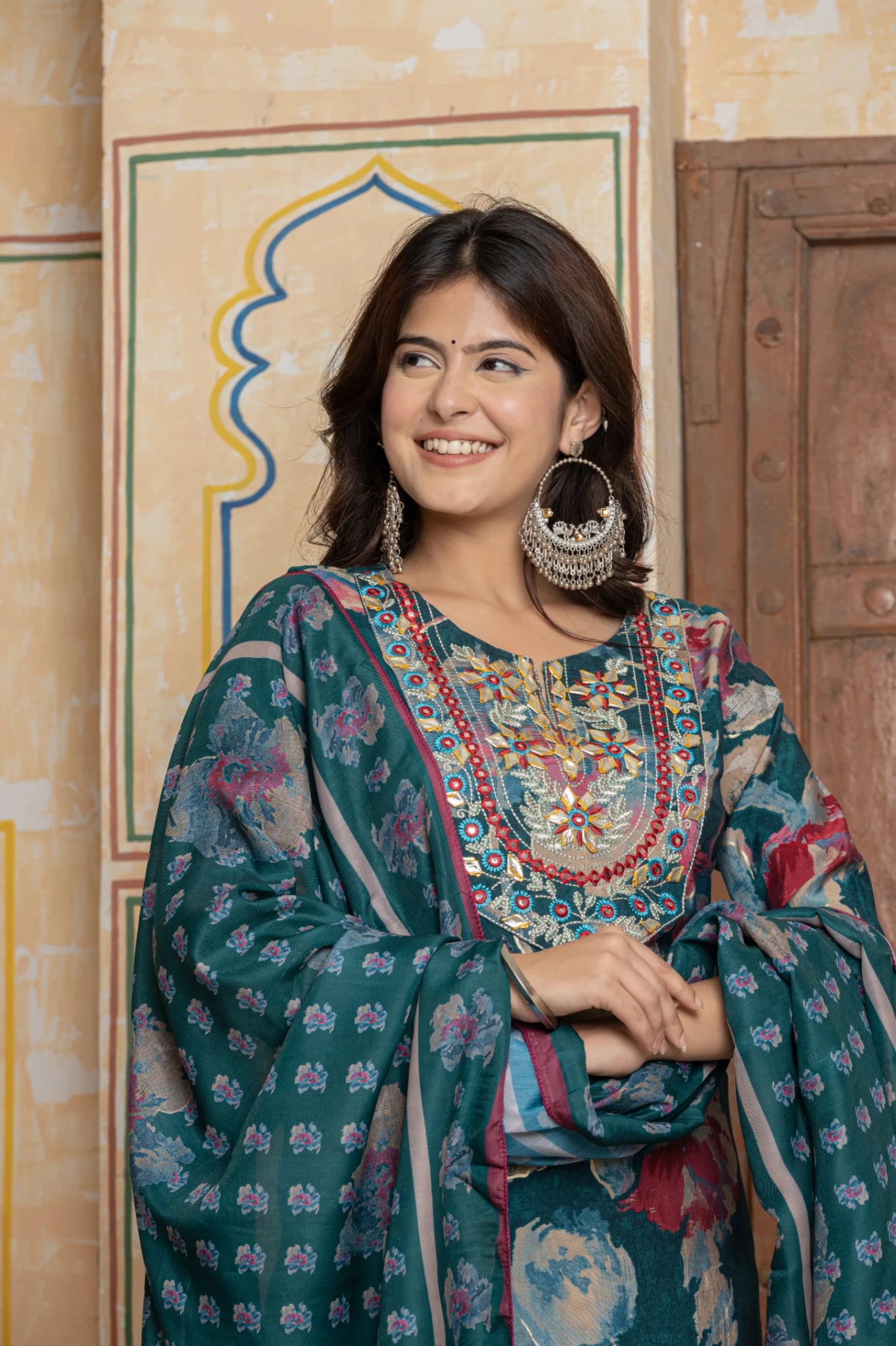 Rama Green Chanderi Suit with Gota Patti Yoke