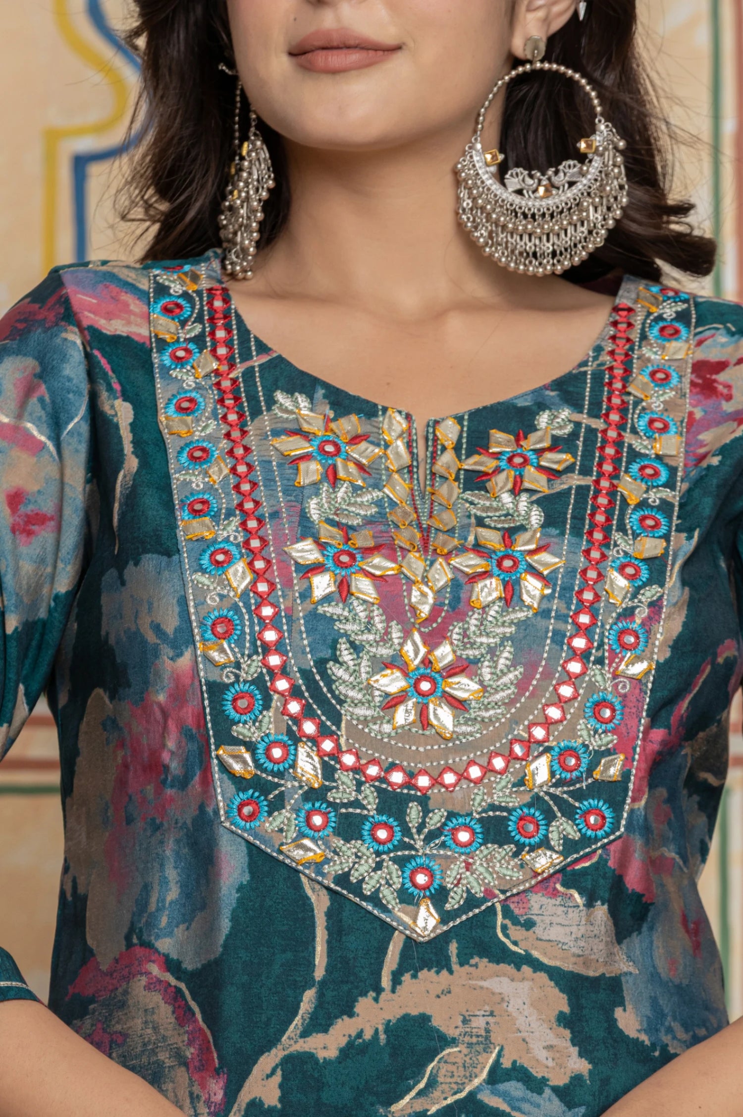 Rama Green Chanderi Suit with Gota Patti Yoke