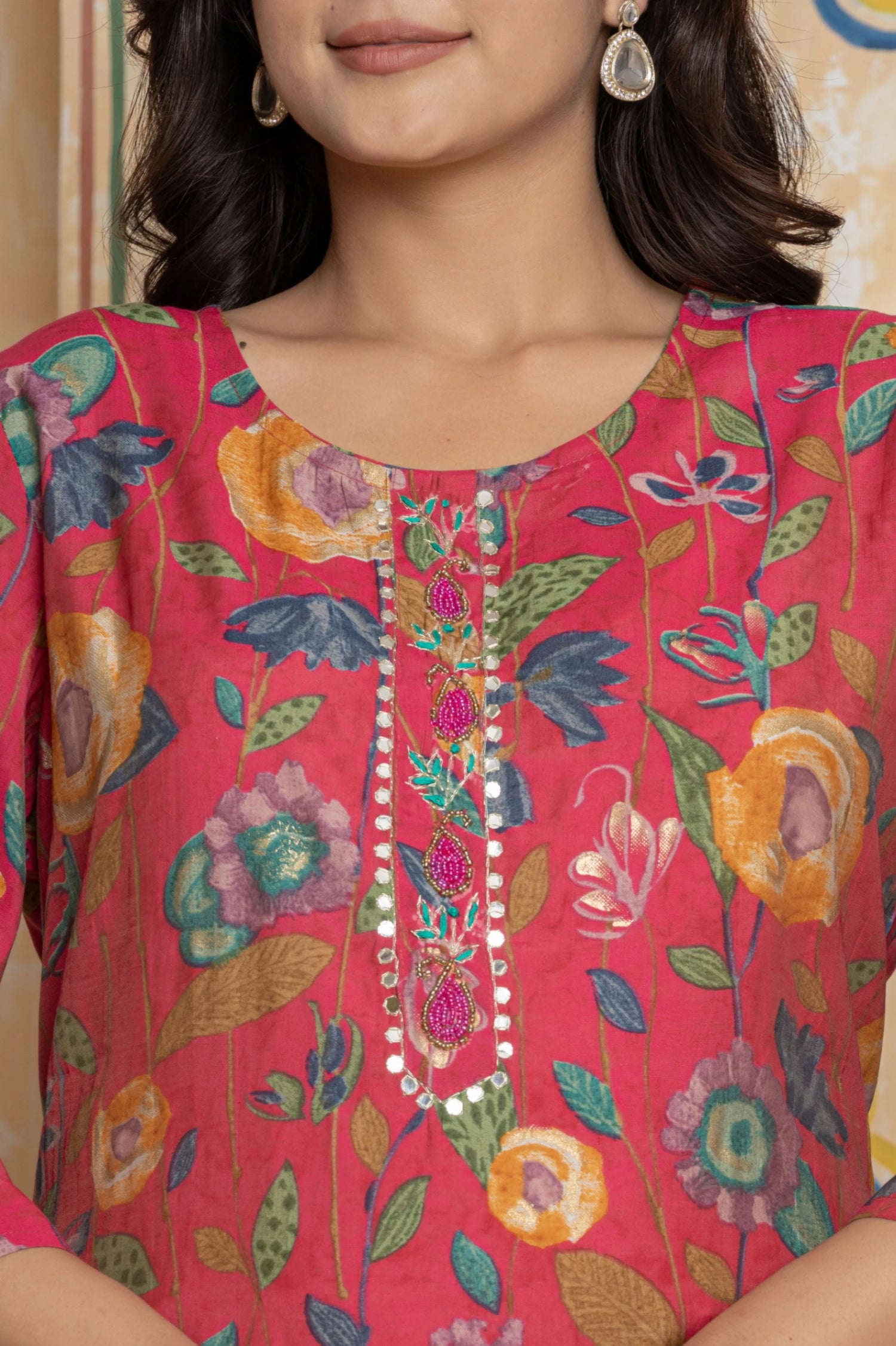 Festive Pink Chanderi Suit with Mirror Work