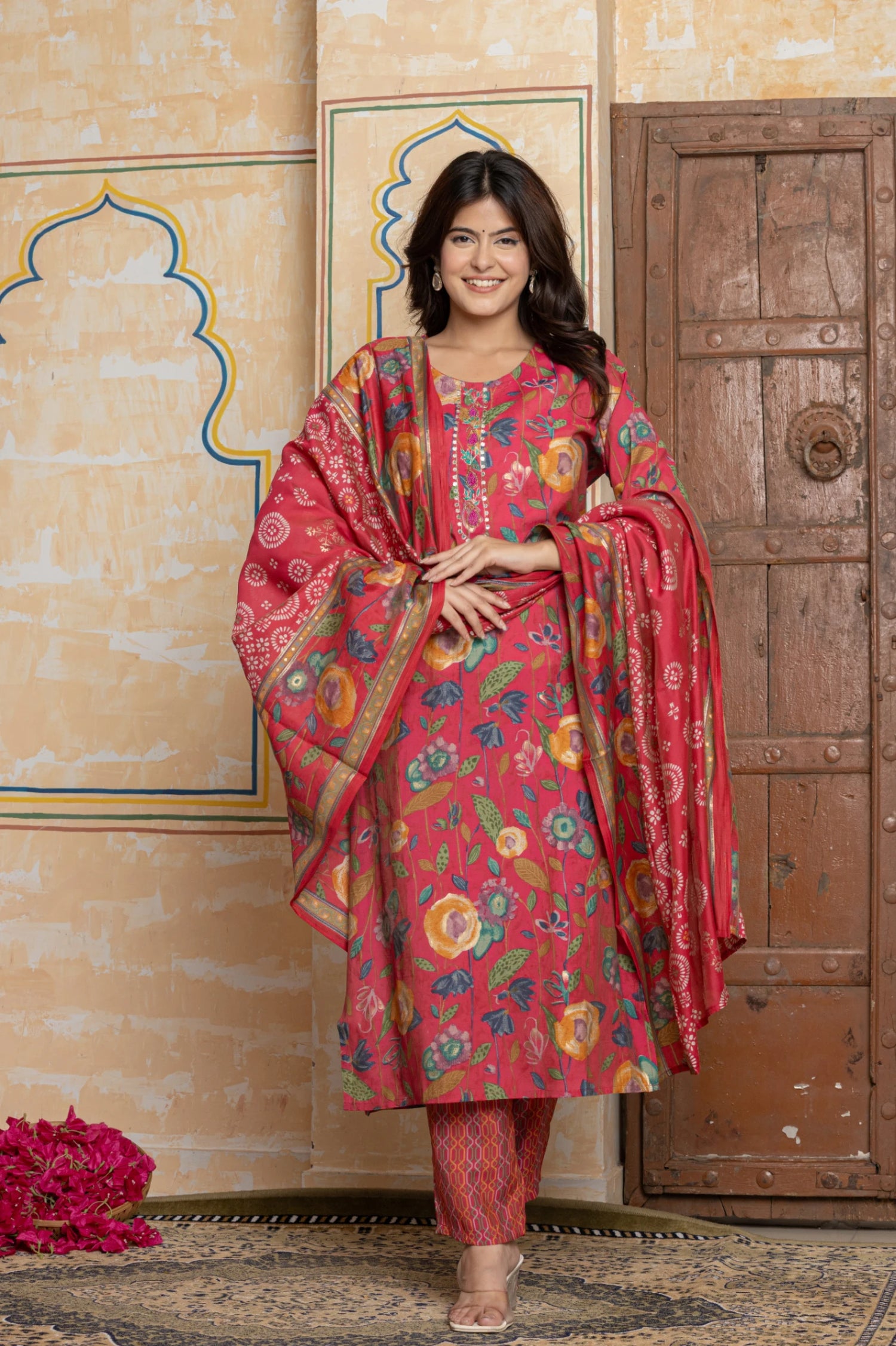 Festive Pink Chanderi Suit with Mirror Work