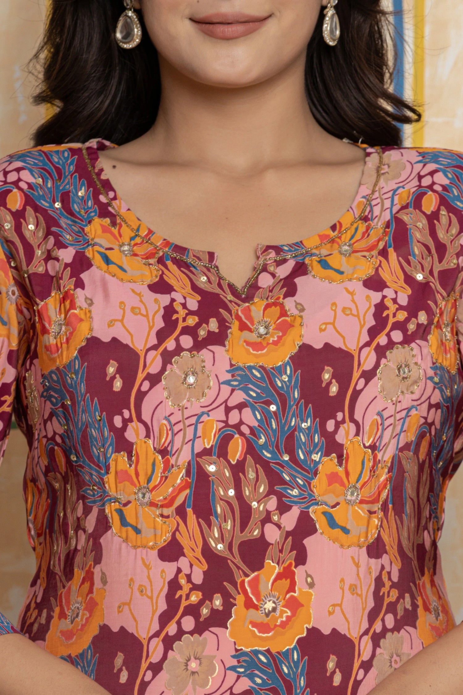 Festive Magenta Chanderi Kurta Set with Handwork