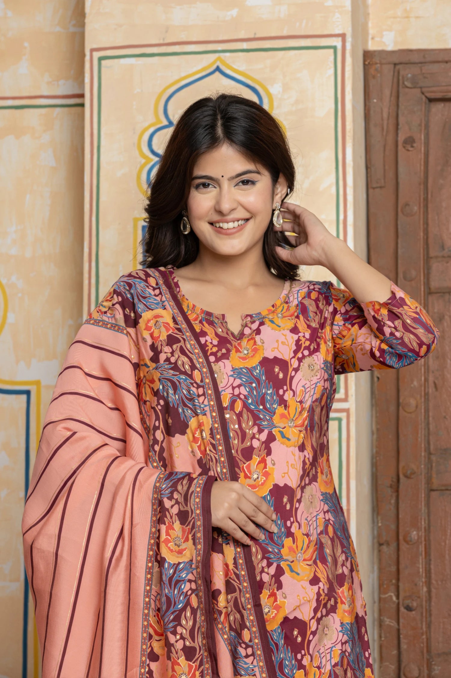Festive Magenta Chanderi Kurta Set with Handwork