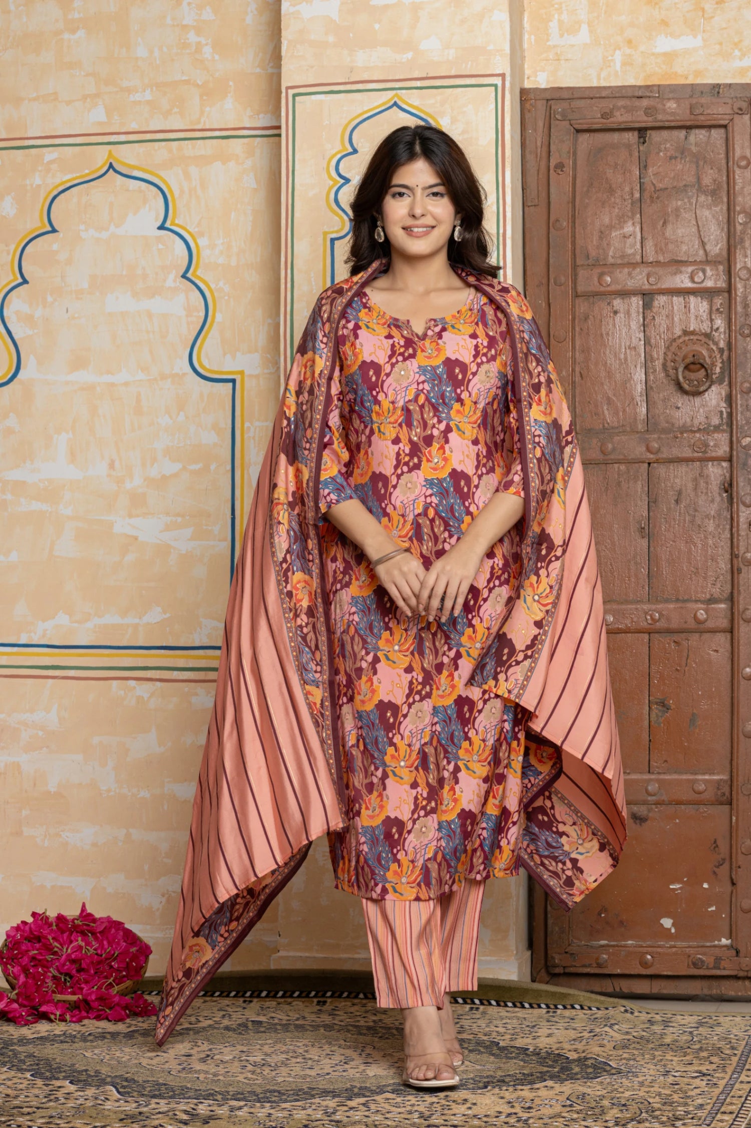 Festive Magenta Chanderi Kurta Set with Handwork
