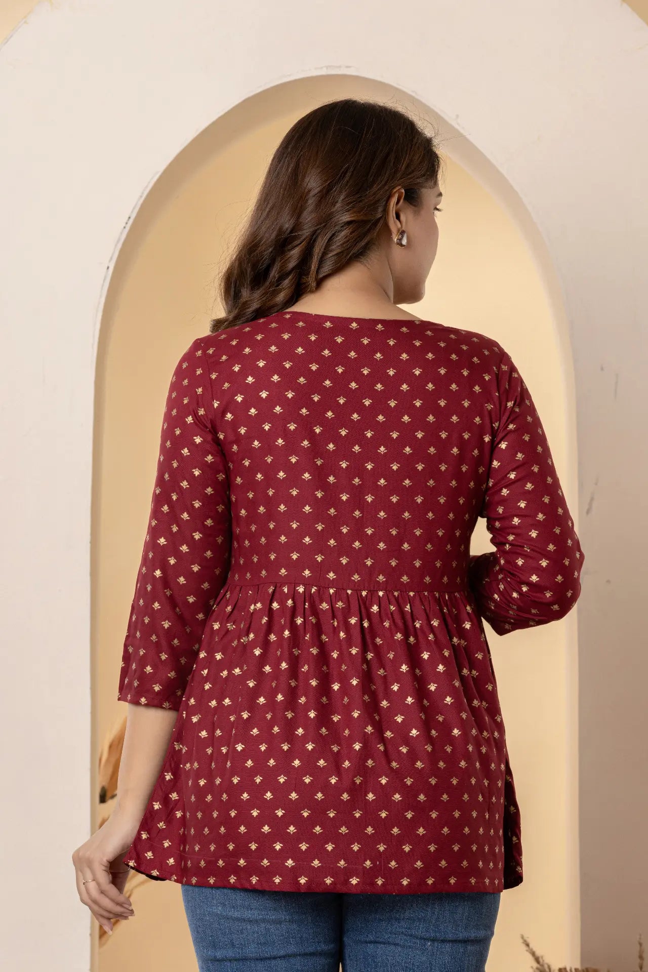 Aafia Maroon Gold Rogan Print Rayon Tunic Top for Women