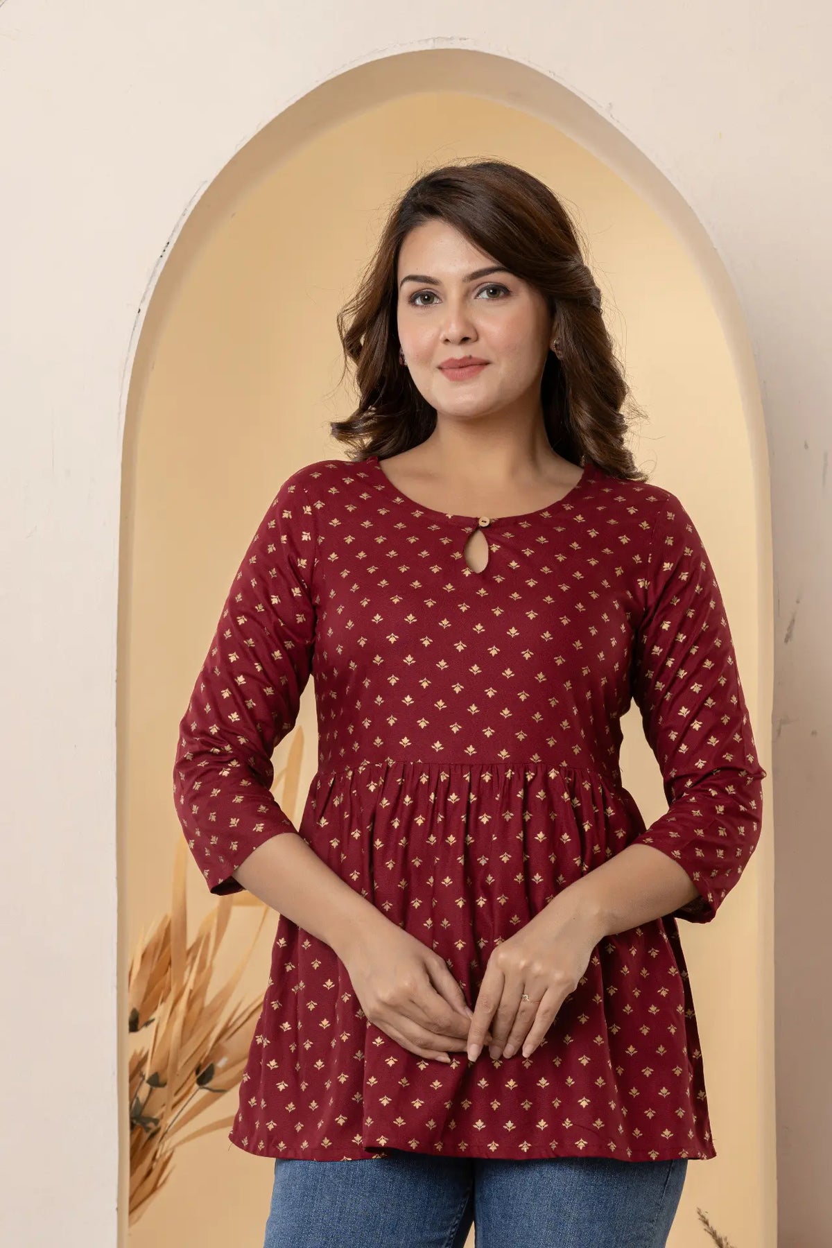 Maroon Gold Rogan Work Viscose Rayon Top/Tunic 3