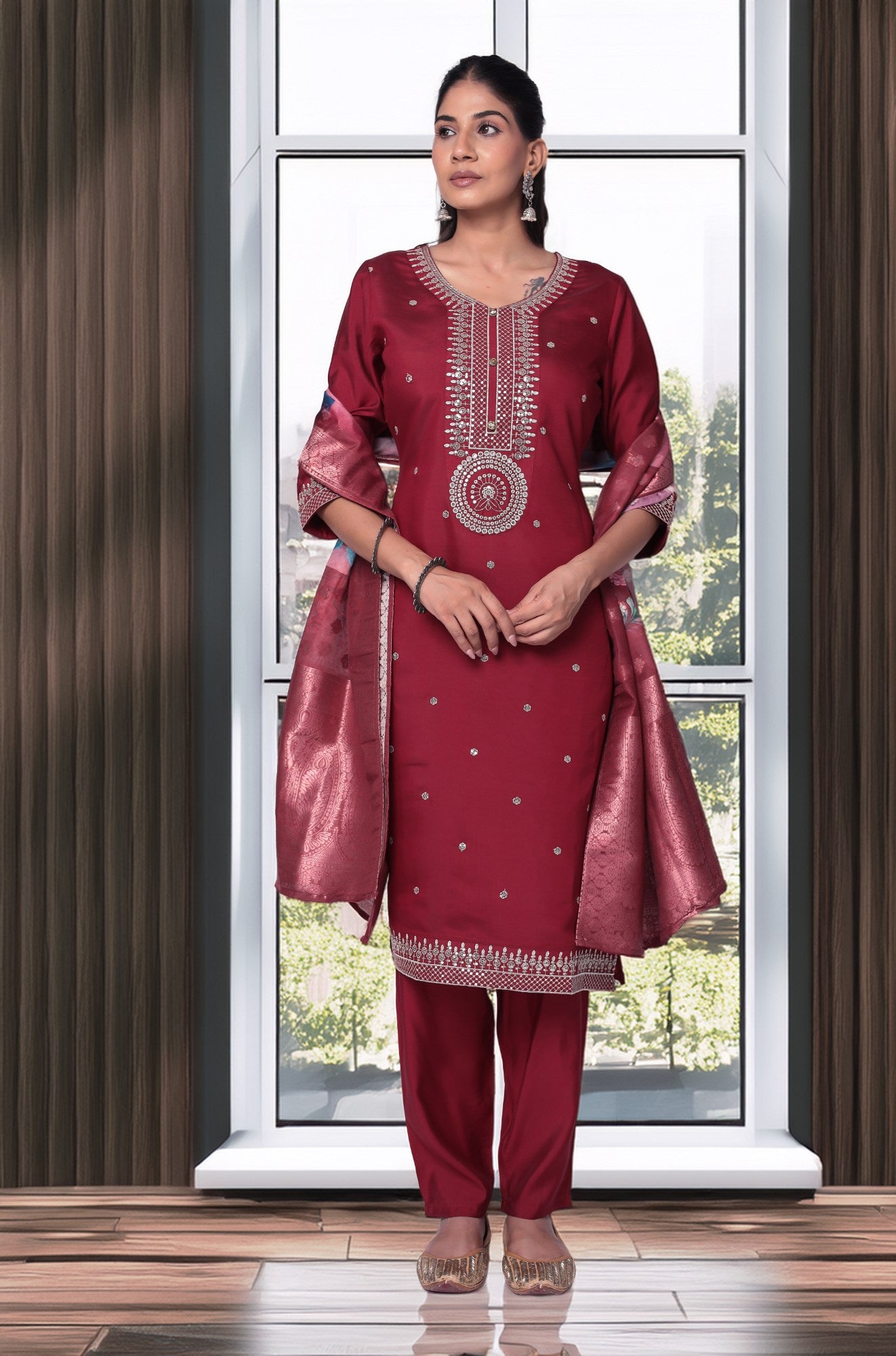 Maroon Soft Silk Suit Set: White Thread Embroidery, Sequins & Printed Jacquard Dupatta