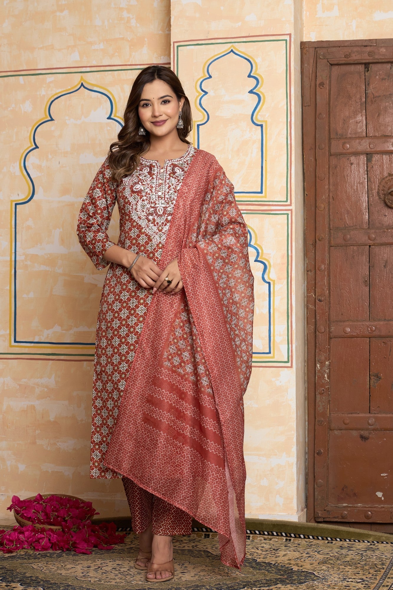 The Navra Brick Red Printed Cotton Kurta Set with Embroidery