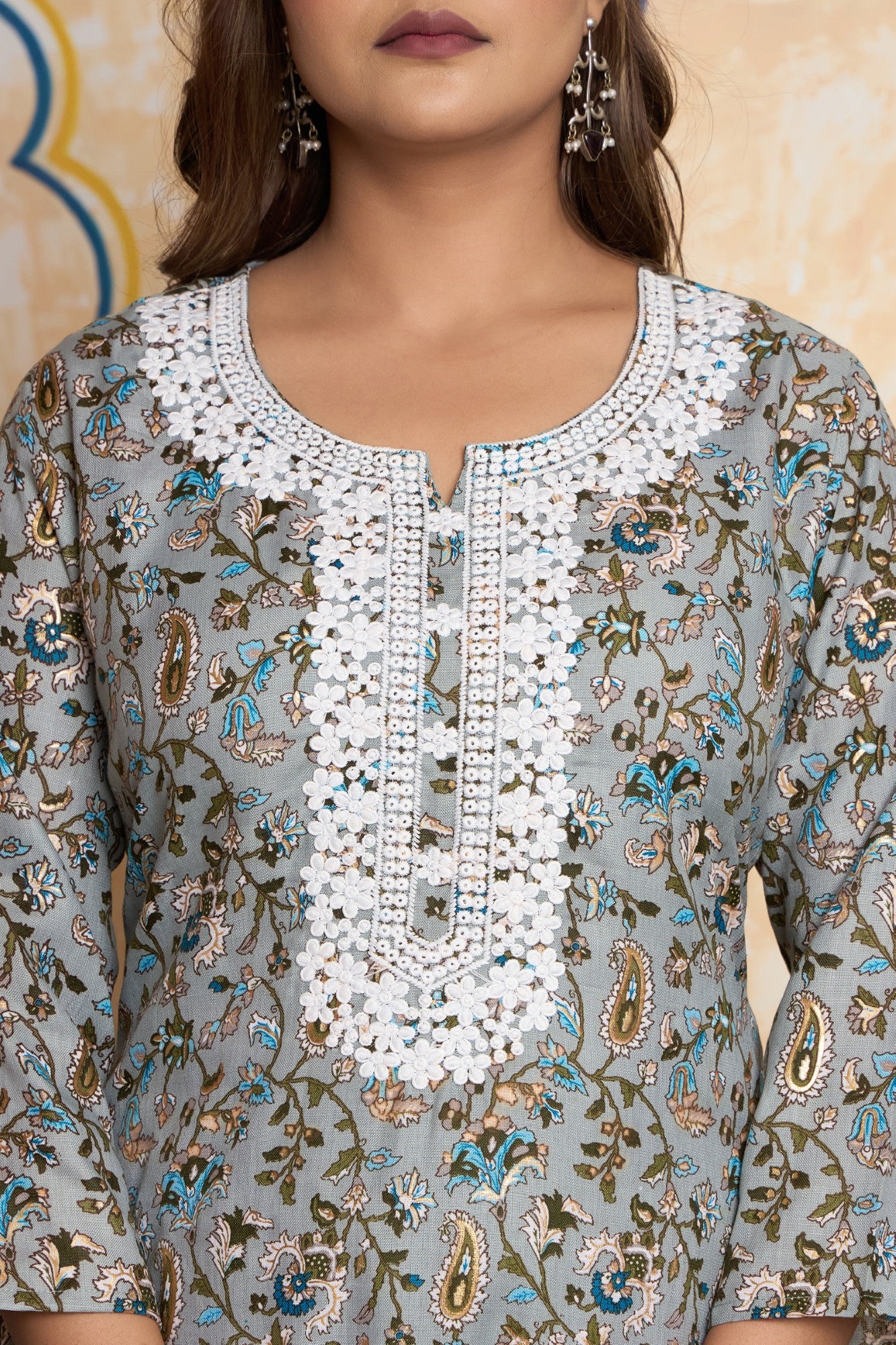 The Navra Dusty Blue Floral Cotton Kurta Set with Lace Embroidery & Dupatta