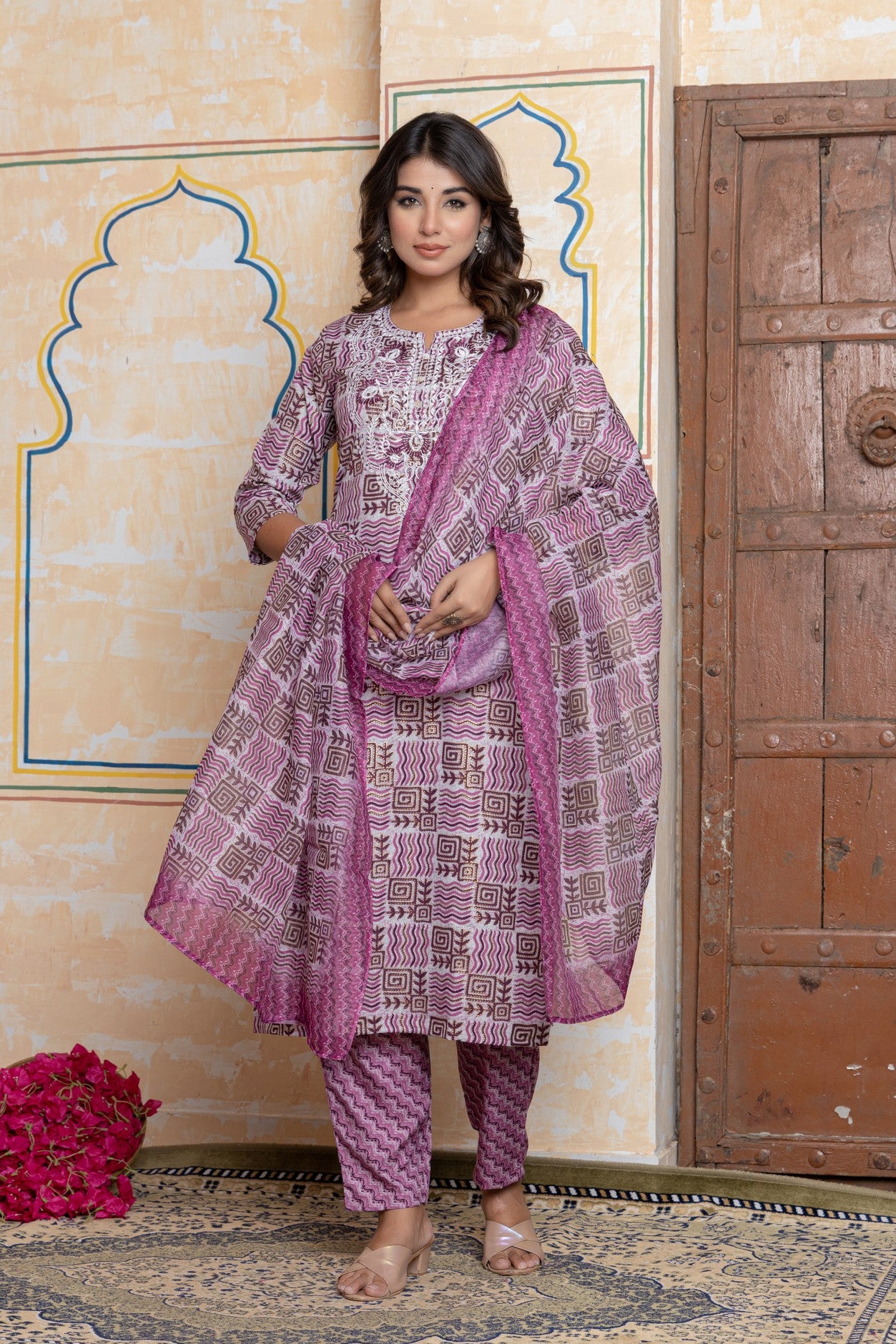 The Navra Dusty Pink Floral Cotton Kurta Set with Embroidery & Dupatta