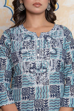 The Navra Indigo Blue & Grey Printed Cotton Kurta Set with Embroidery & Dupatta