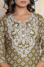 The Navra Olive Green Printed Cotton Kurta Set with Embroidery