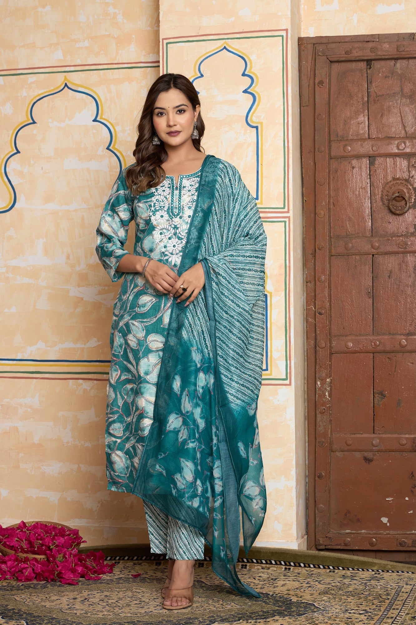 The Navra Teal Green Abstract Floral Chanderi Cotton Kurta Set with Embroidery