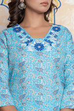 The Navra Sky Blue Floral Cotton Kurta Set with Colorful Embroidery & Dupatta
