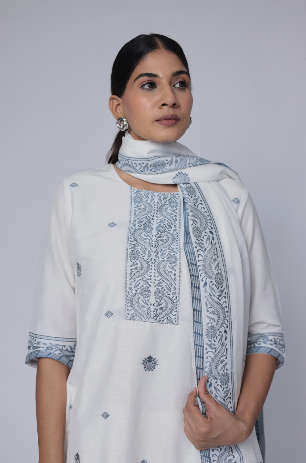 White Blue cotton jacquard dupatta set detailed with detailing on front