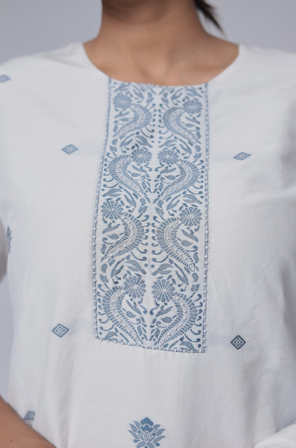 White Blue cotton jacquard dupatta set detailed with detailing on front