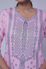 Close-up of the exquisite grey merging embroidery on the V-neckline and front of the baby pink cotton jacquard kurta, highlighting intricate craftsmanship.