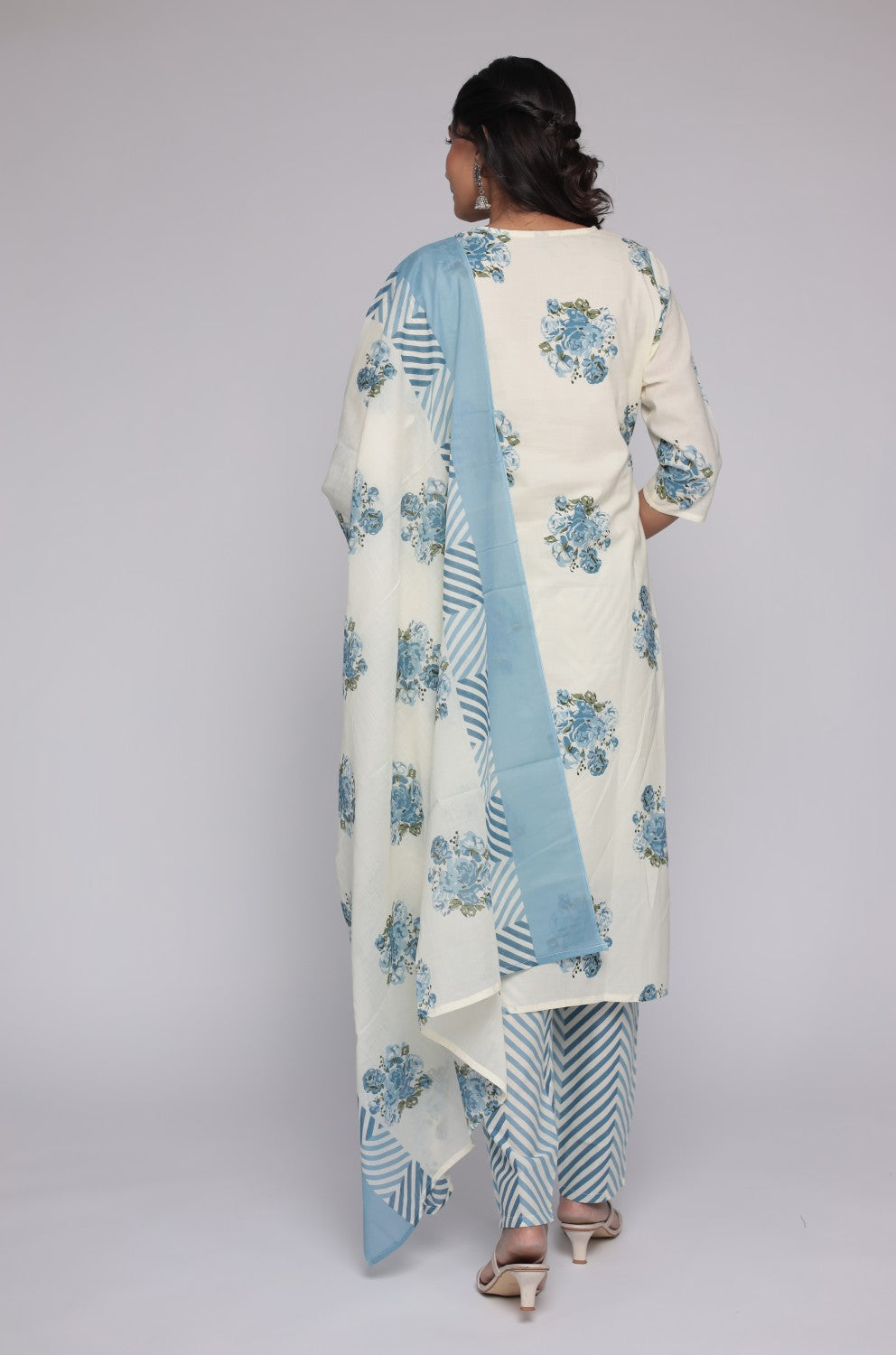 Back view of the cream and blue Jaipuri print dupatta set, showing the consistent floral pattern on the kurti and pants, with the striped mulmul dupatta.
