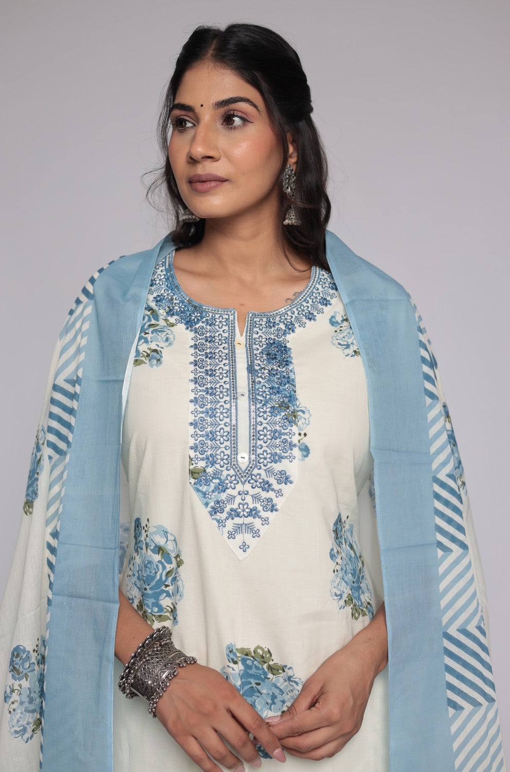 Side profile of model showcasing the comfortable fit and elegant drape of the cream and blue Jaipuri print dupatta set with mulmul lining.