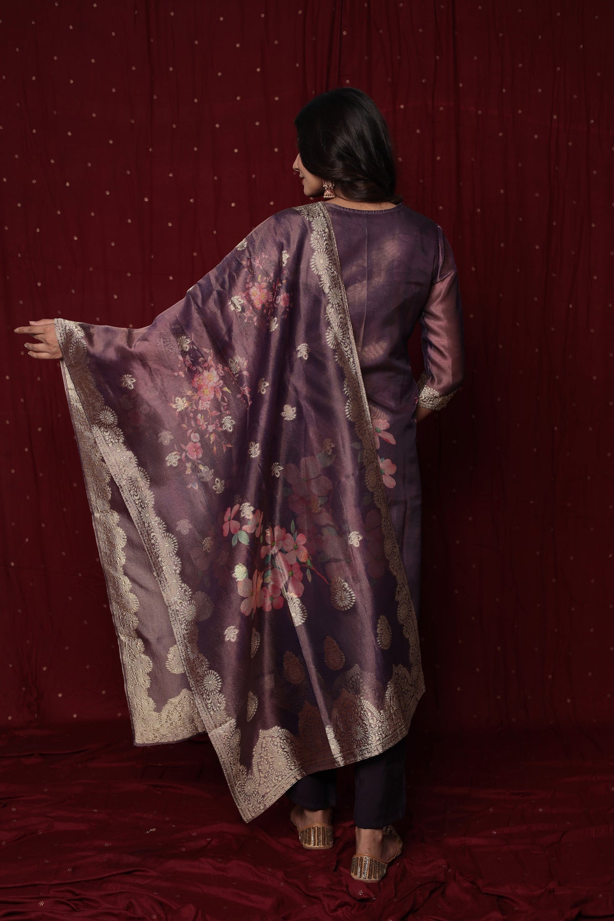 Back view of the deluxe jacquard organza purple suit, showcasing the elegant drape and the rich fabric.