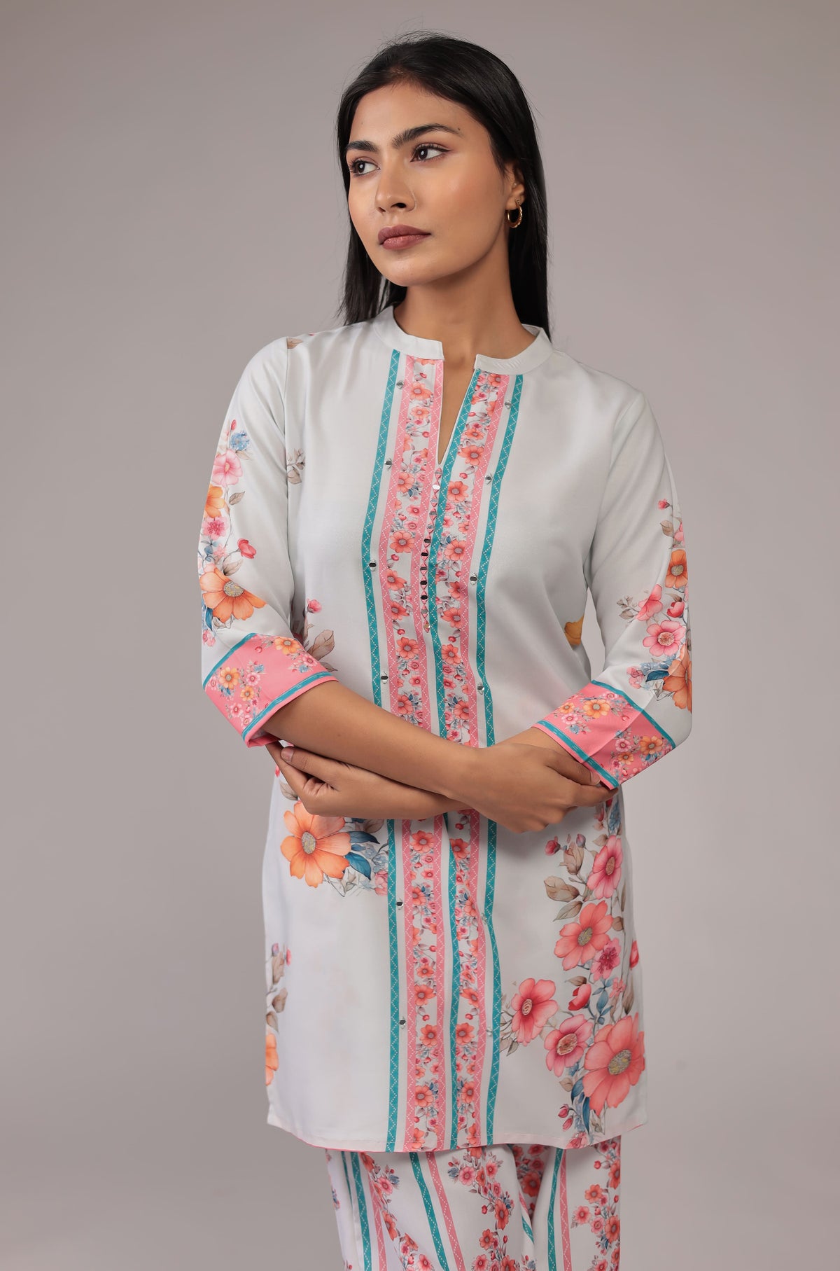 Model gracefully posing in the beautiful light grey digital print co-ord set, showcasing the comfortable movement and flow of the wide-leg pants.