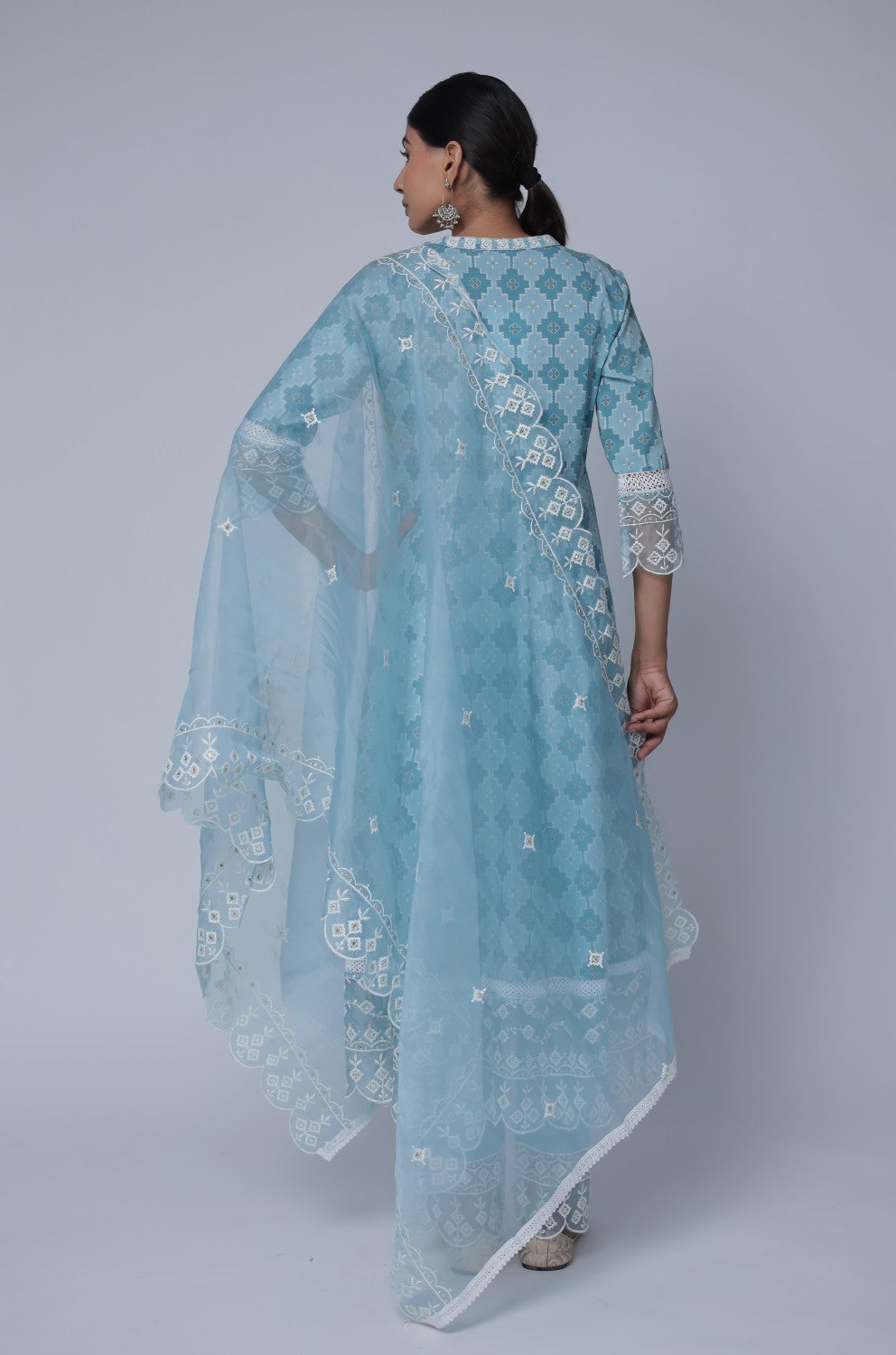 Back view of the ocean blue cotton Anarkali dupatta set, showing the consistent white thread work and comfortable silhouette of the kurta and pants.