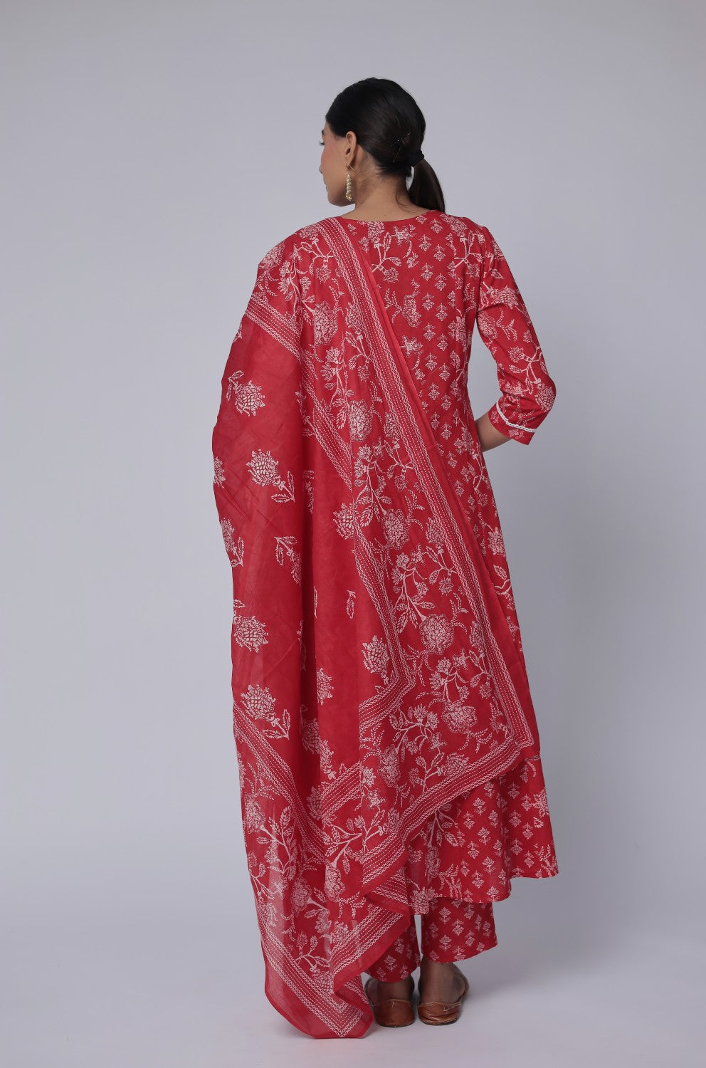 Back view of the red cotton Anarkali Jaipuri print dupatta set, showing the consistent floral pattern on the kurti and comfortable silhouette.