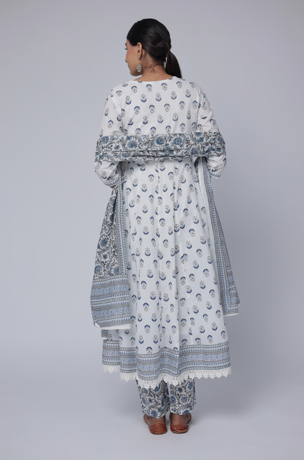 Back view of the white and blue cotton Anarkali Jaipuri print dupatta set, showing the consistent floral pattern on the kurti and comfortable silhouette.
