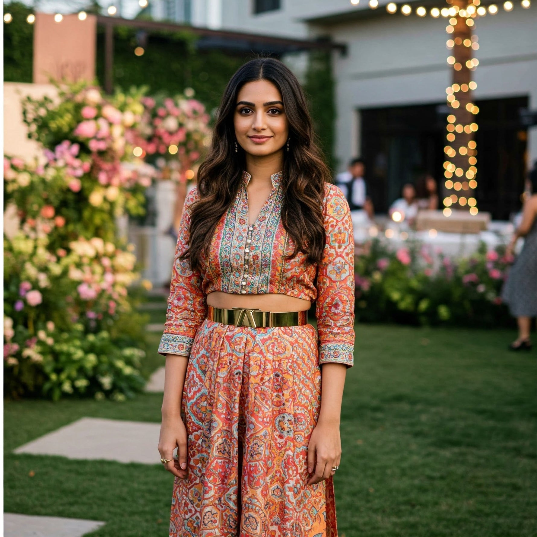 Fashion-forward Indian woman wearing a vibrant silk kurta with modern cuts, a sleek gold belt, and minimalist jewelry, attending a stylish outdoor garden party in a cosmopolitan setting.